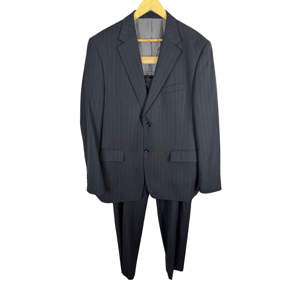 Perry Ellis Portfolio Mens Pinstripe Wool Suit 2-Piece Black 44 Reg 44R 38X33